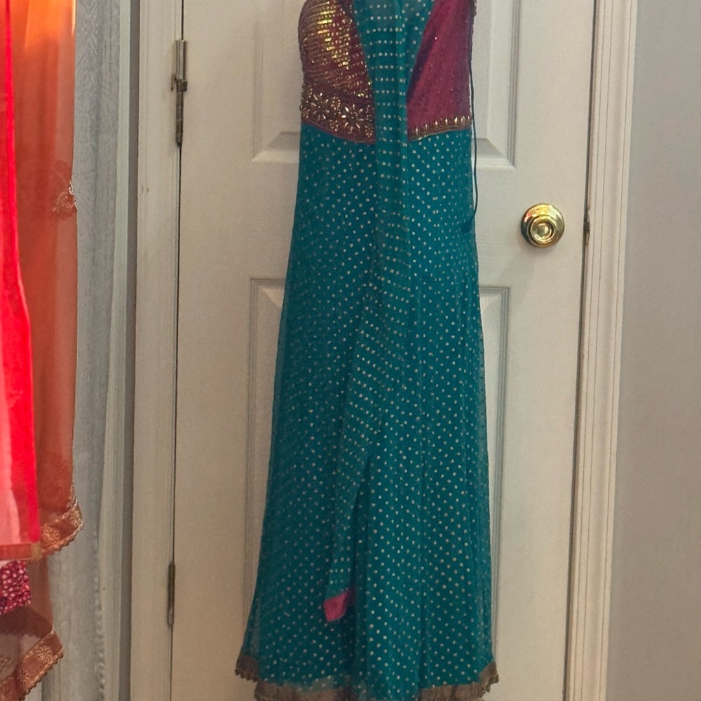 Pakistani Indian Teal and maroon Red Embellished Dress - Picture 2 of 16